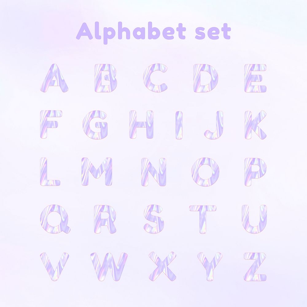 Alphabet psd holographic pastel purple typography set