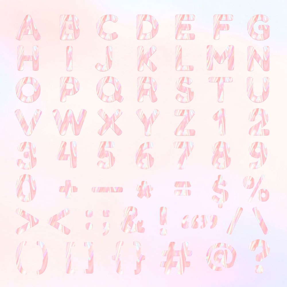 Pastel alphabet numbers symbols psd orange holographic effect set