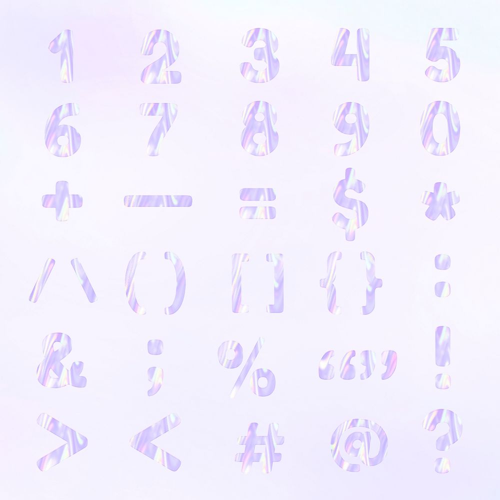Pastel alphabet numbers symbols psd purple holographic effect collection