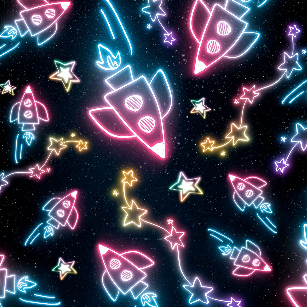 Psd neon spacecraft star doodle pattern background