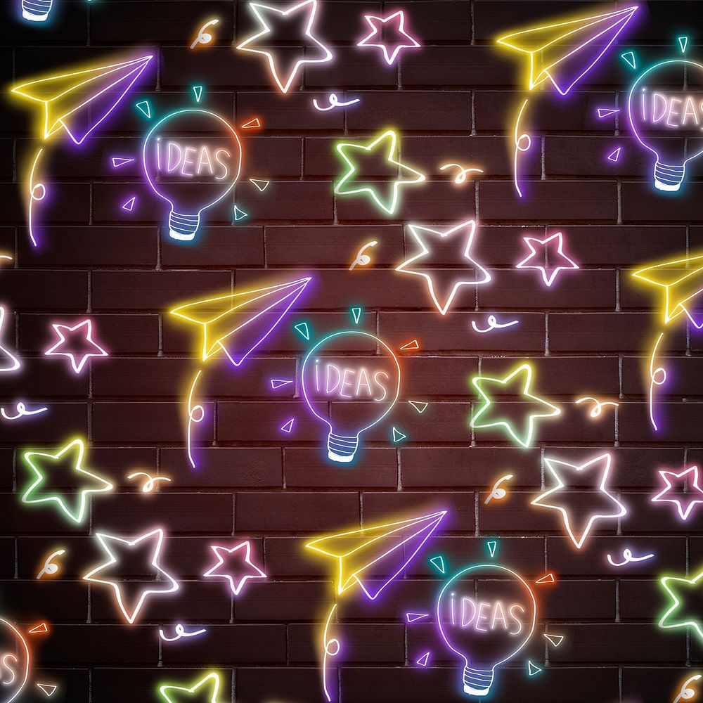 Neon light bulb paper plane doodle pattern background