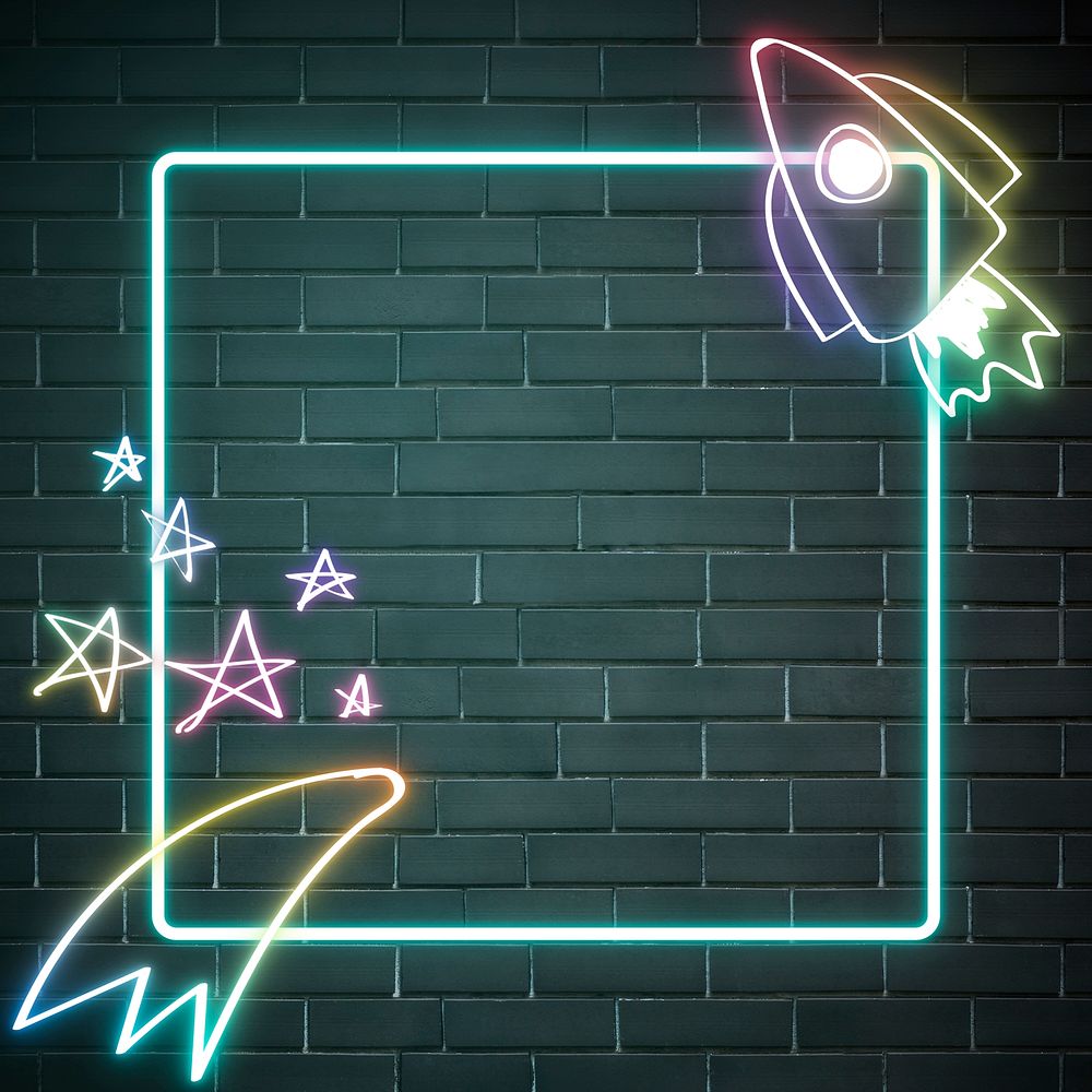 Neon frame star rocket back to school rainbow doodle
