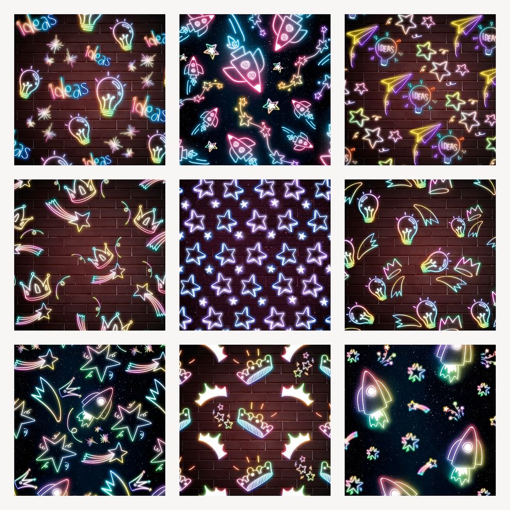 Psd rainbow neon galaxy pattern background set for kids 