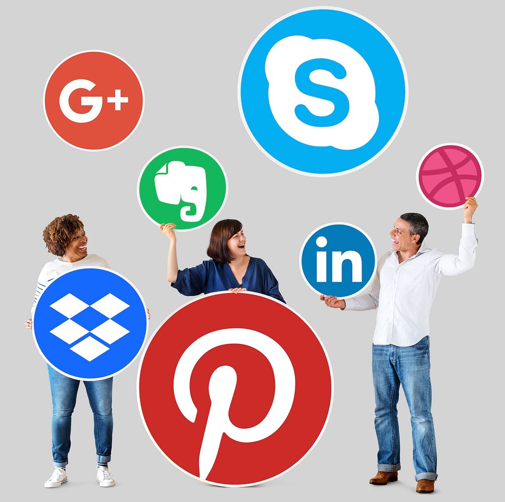 People holding icons of digital brands