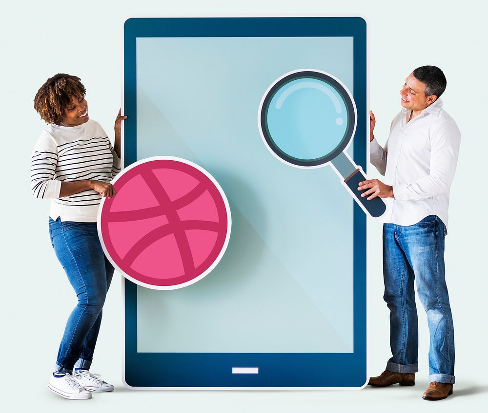 People holding a Dribbble icon and a tablet