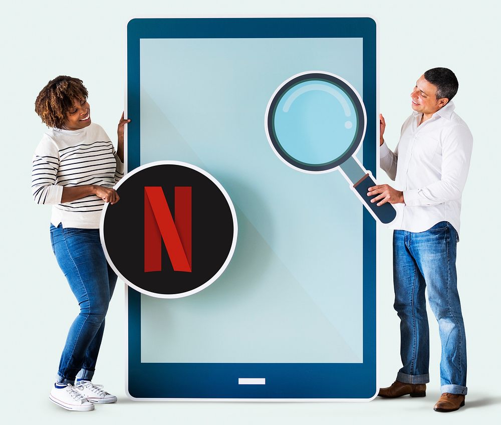 Couple searching for Netflix on a phone