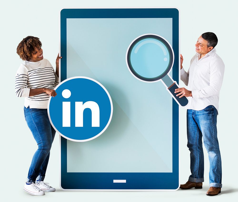 People holding a Linkedin icon and a tablet