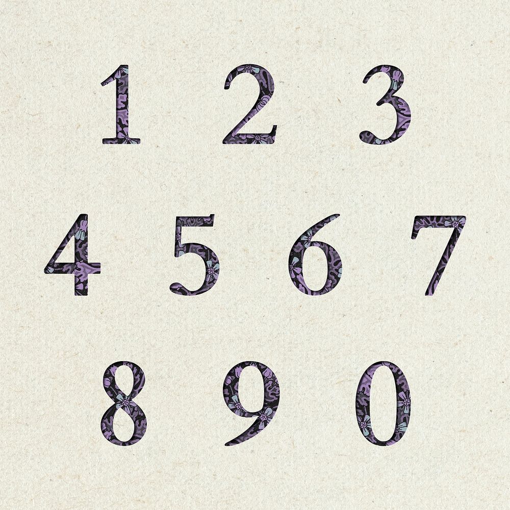 Psd floral numbers 0-9 purple  typography font set
