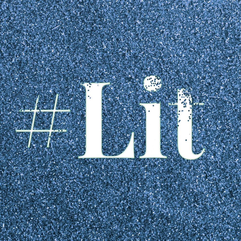 Hashtag lit sparkle word blue glitter lettering