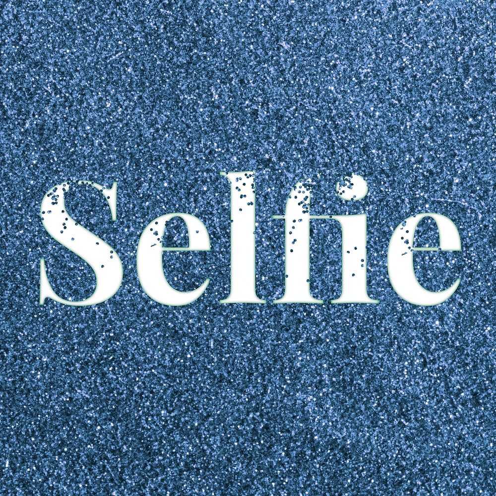 Selfie sparkle word blue glitter lettering