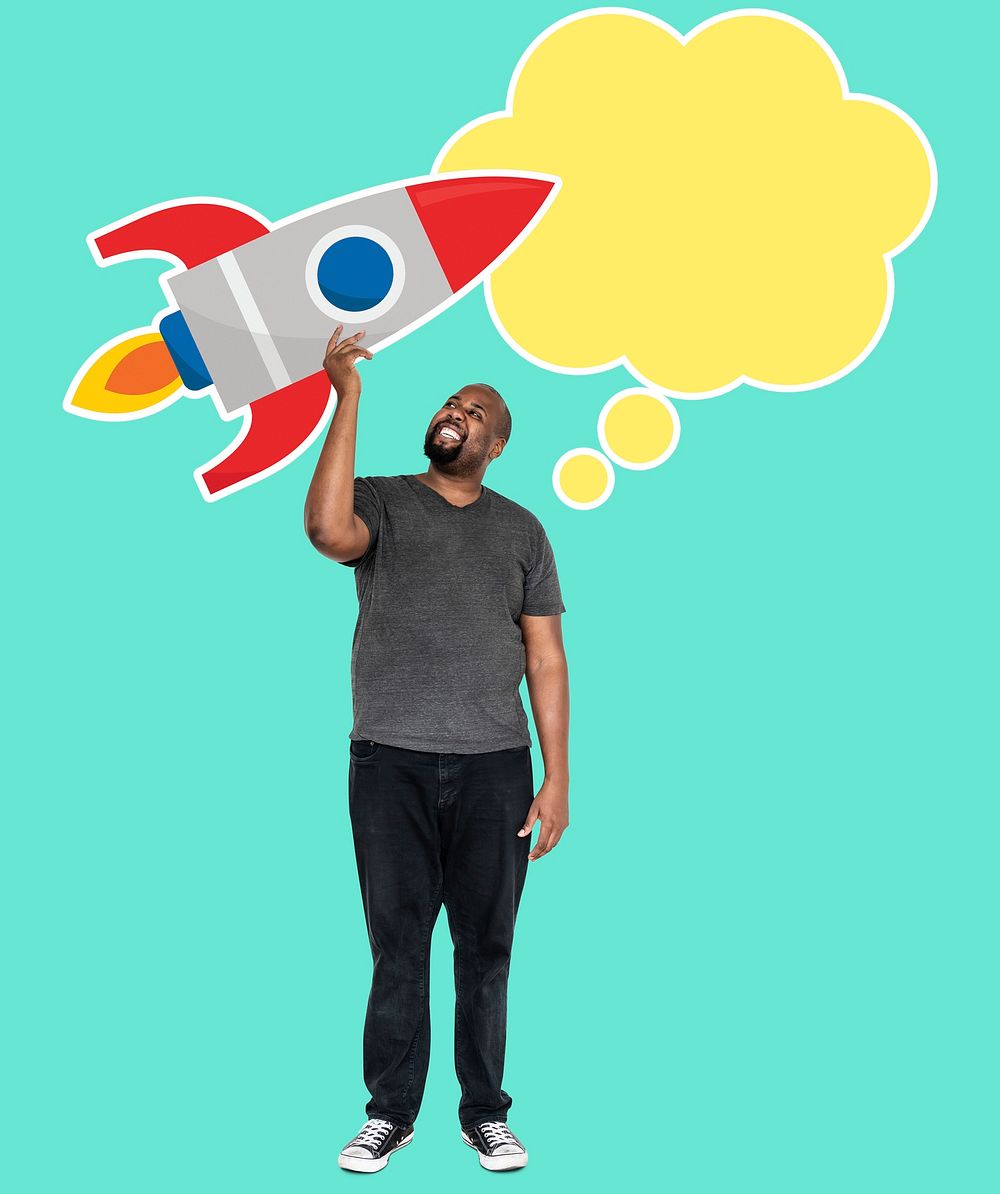 Creative man with a launching rocket icon
