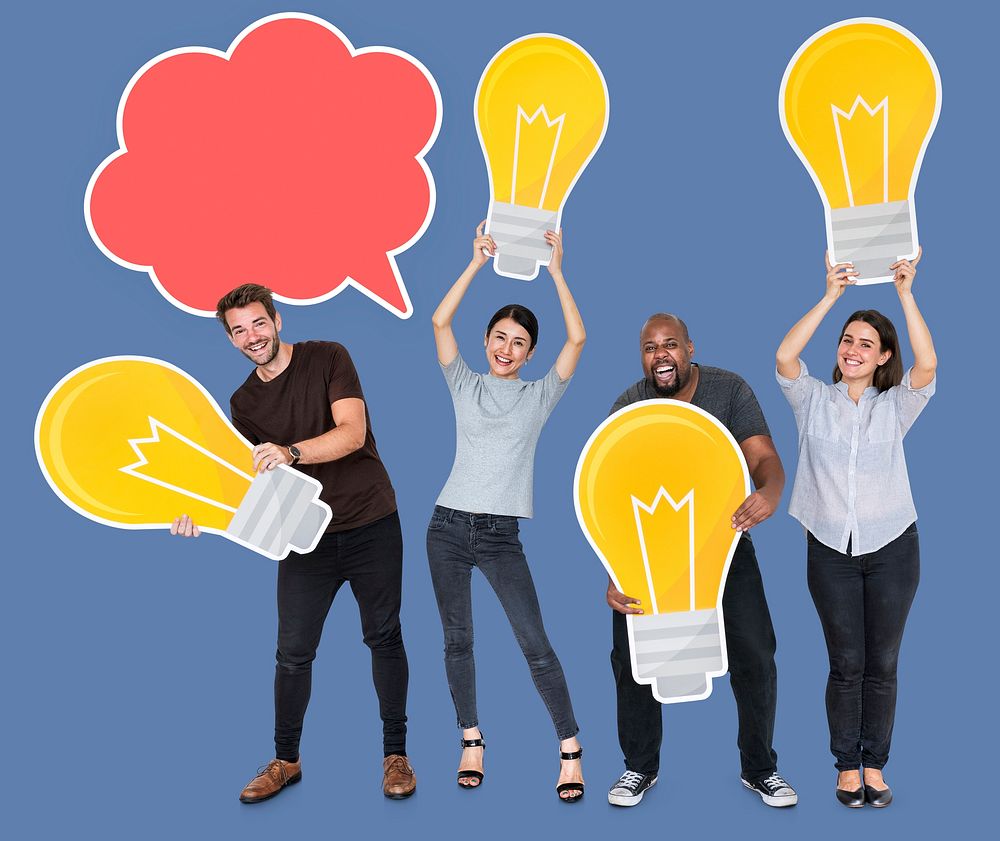 Group of diverse people with bright light bulbs and a blank speech bubble