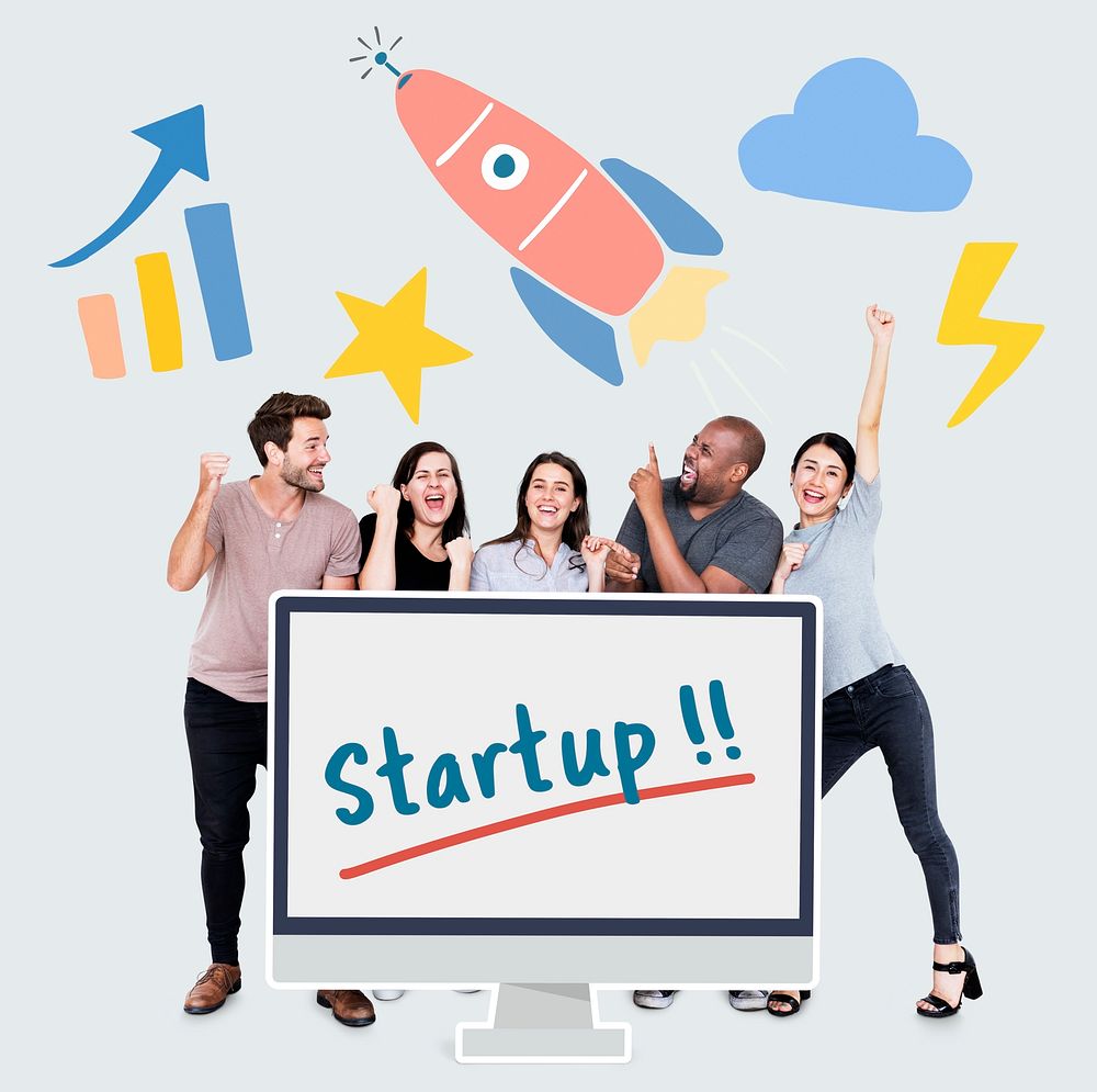 Happy diverse people holding startup icons