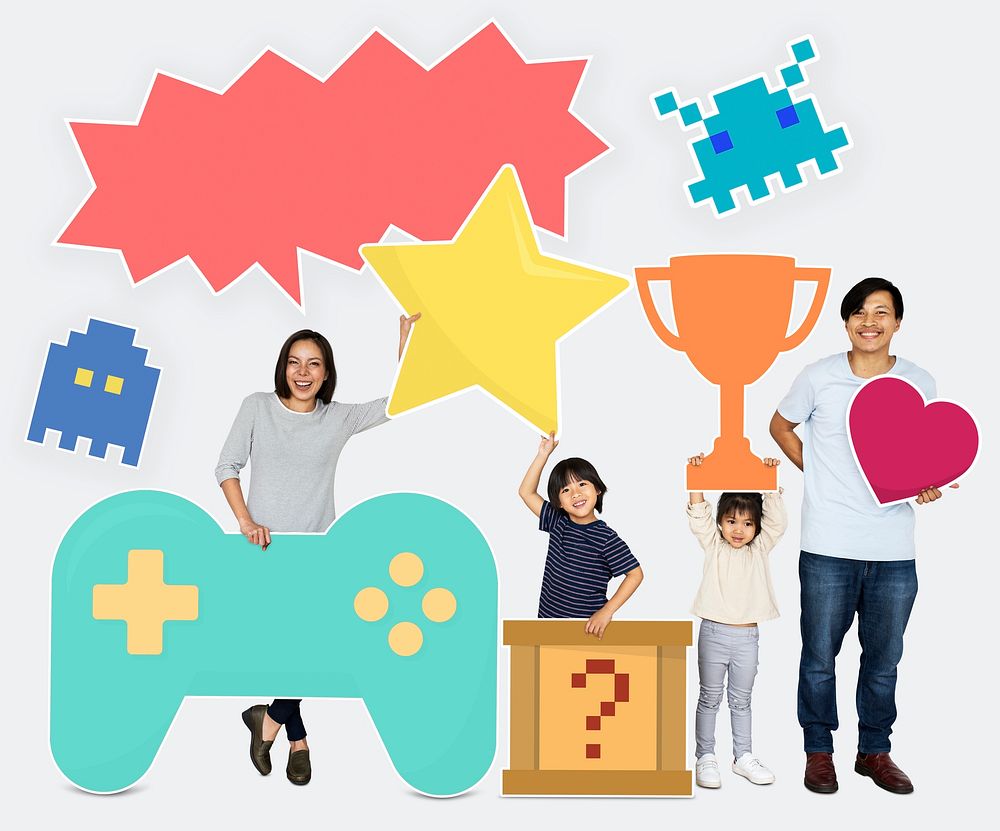 Happy family holding gaming icons