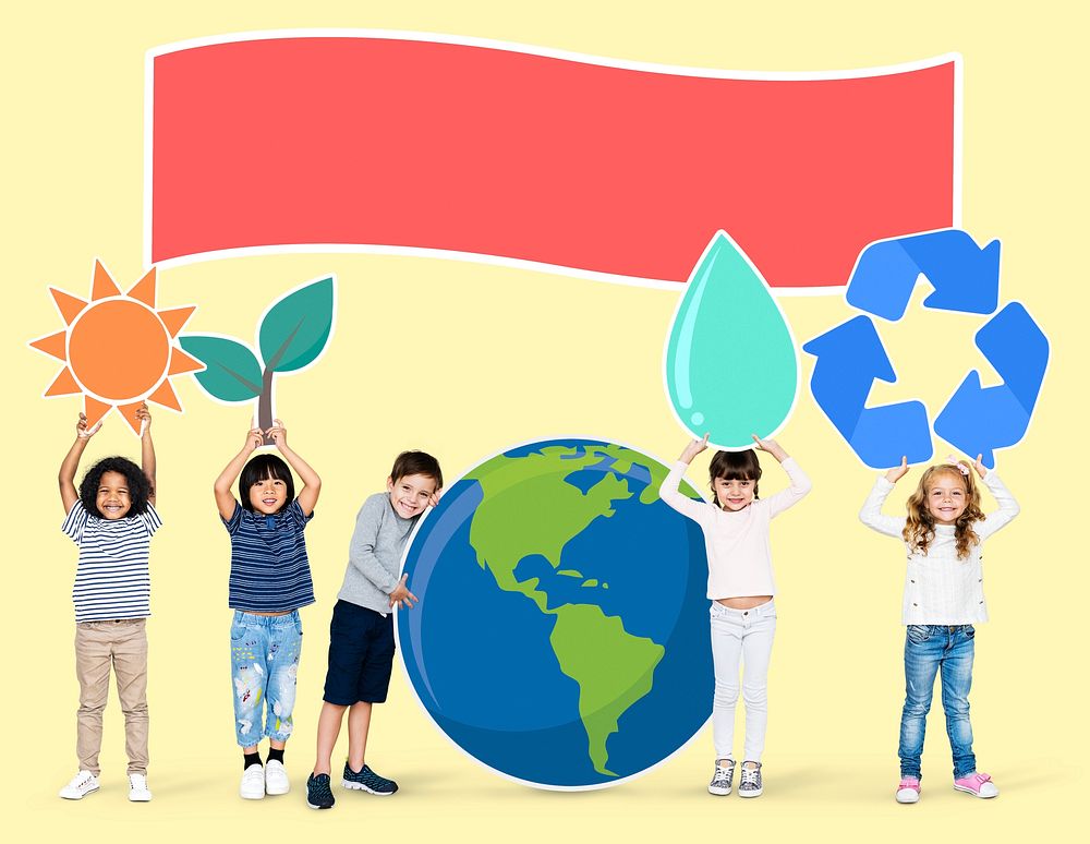 Diverse kids with environment icons