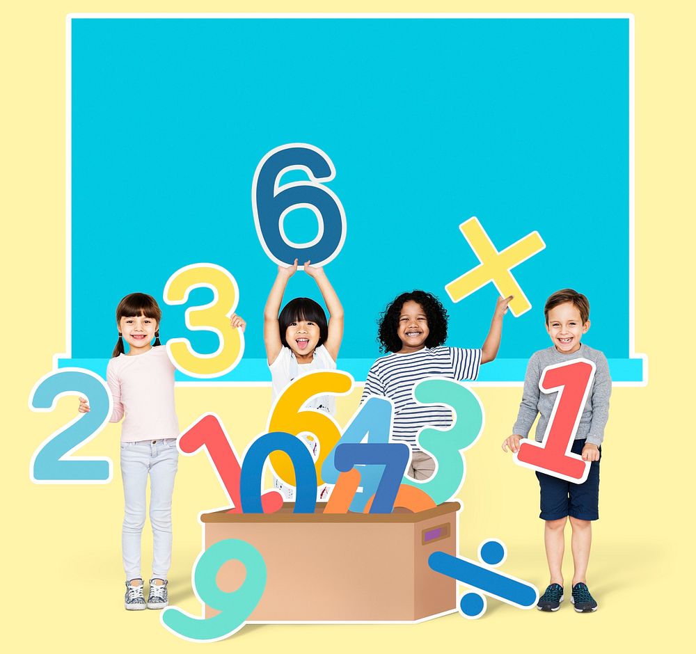 Children holding numbers and mathematic symbols