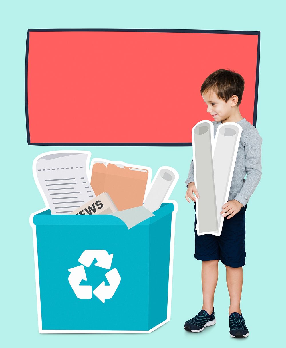 Caucasian boy collecting paper for recycling