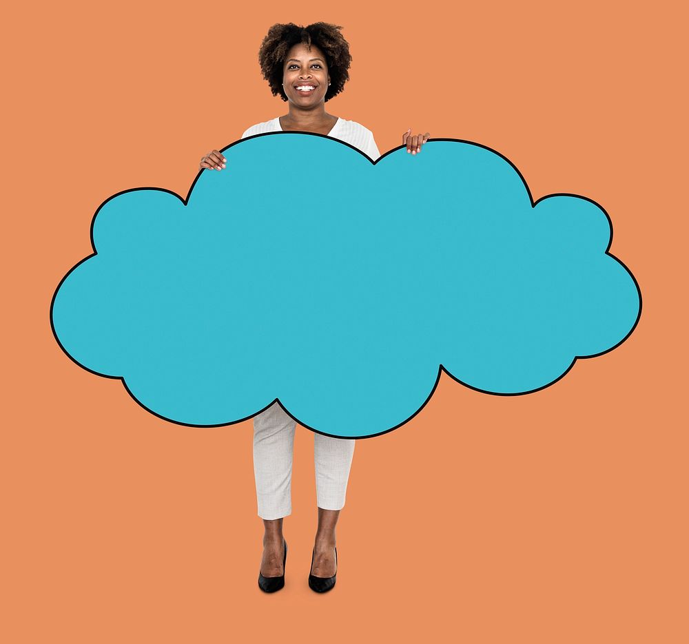Woman holding a cloud shaped board