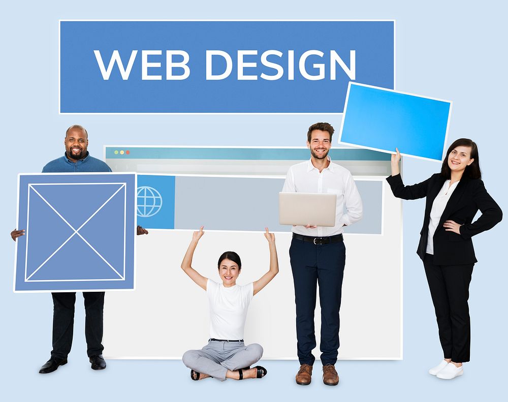 Happy diverse people holding a web design board