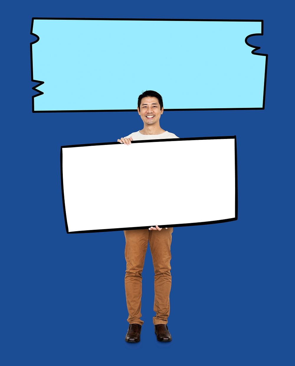 Asian man holding a blank board