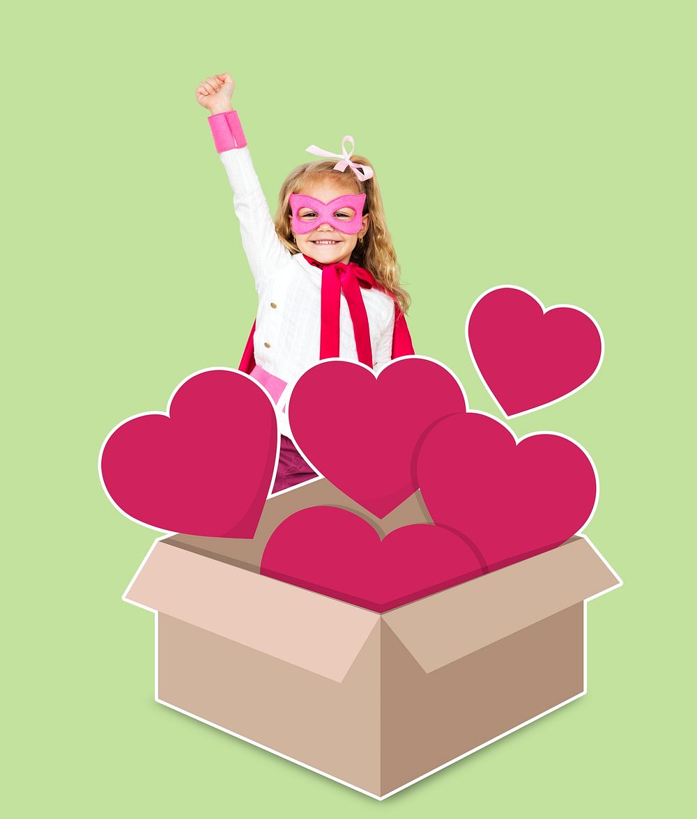 Superhero with a box full of hearts