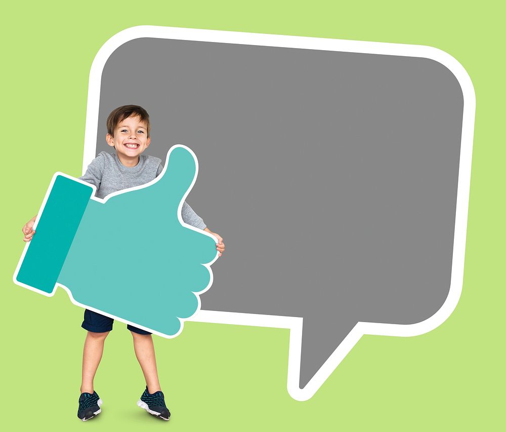 Happy kid holding with thumbs up icon and a speech bubble