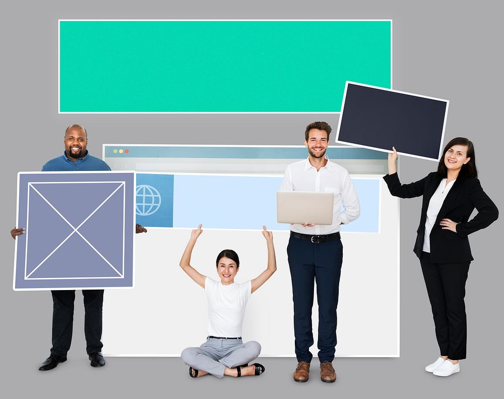 Happy diverse people holding a web design