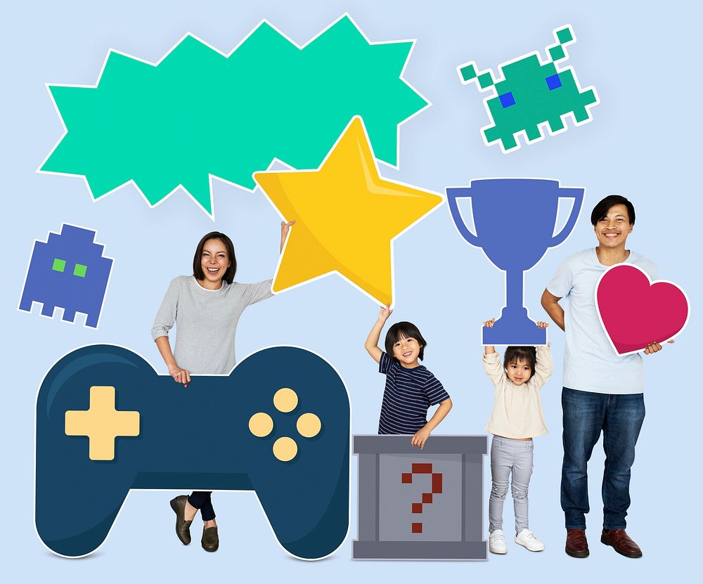 Happy family holding gaming icons