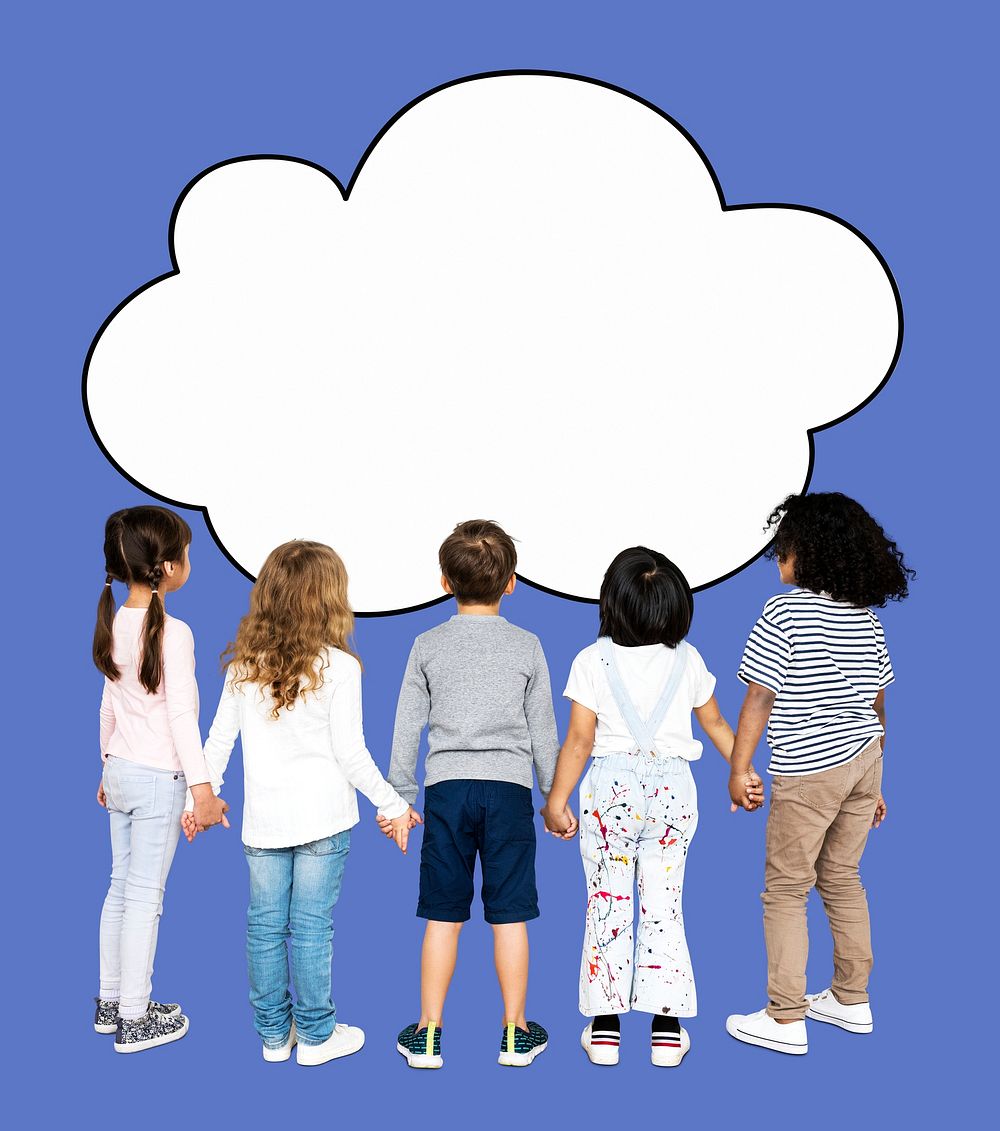 Children holding hands and looking at a cloud shaped board