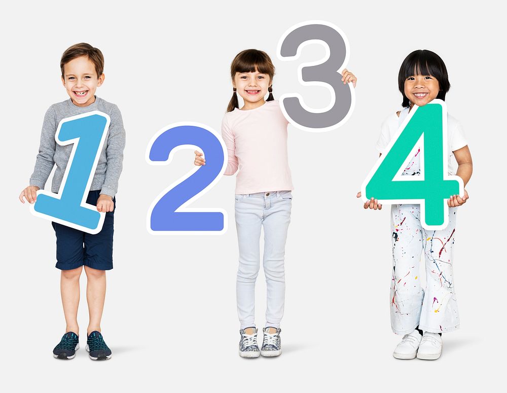 Cheerful diverse kids holding numbers one to four