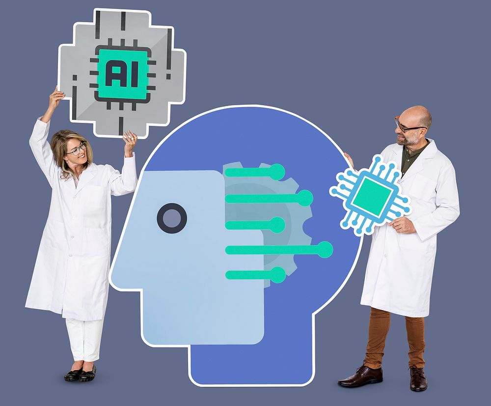Researchers holding Artificial Intelligence icons