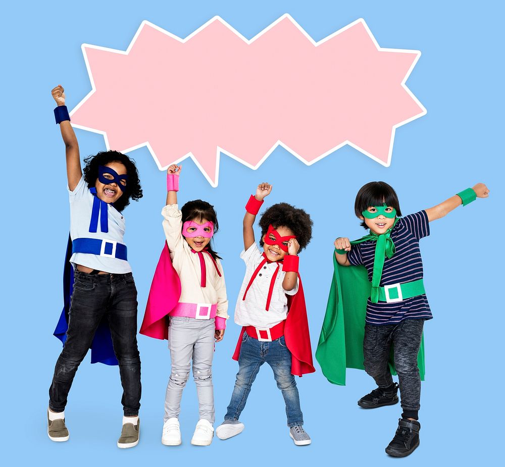 Diverse kids wearing superhero costumes