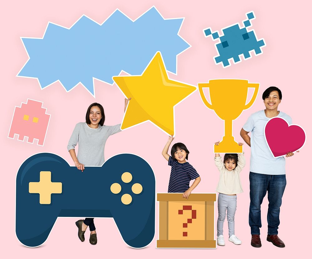 Happy family winning a video game