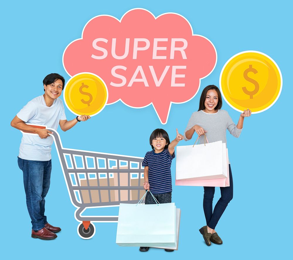 Happy family shopping a super save deal