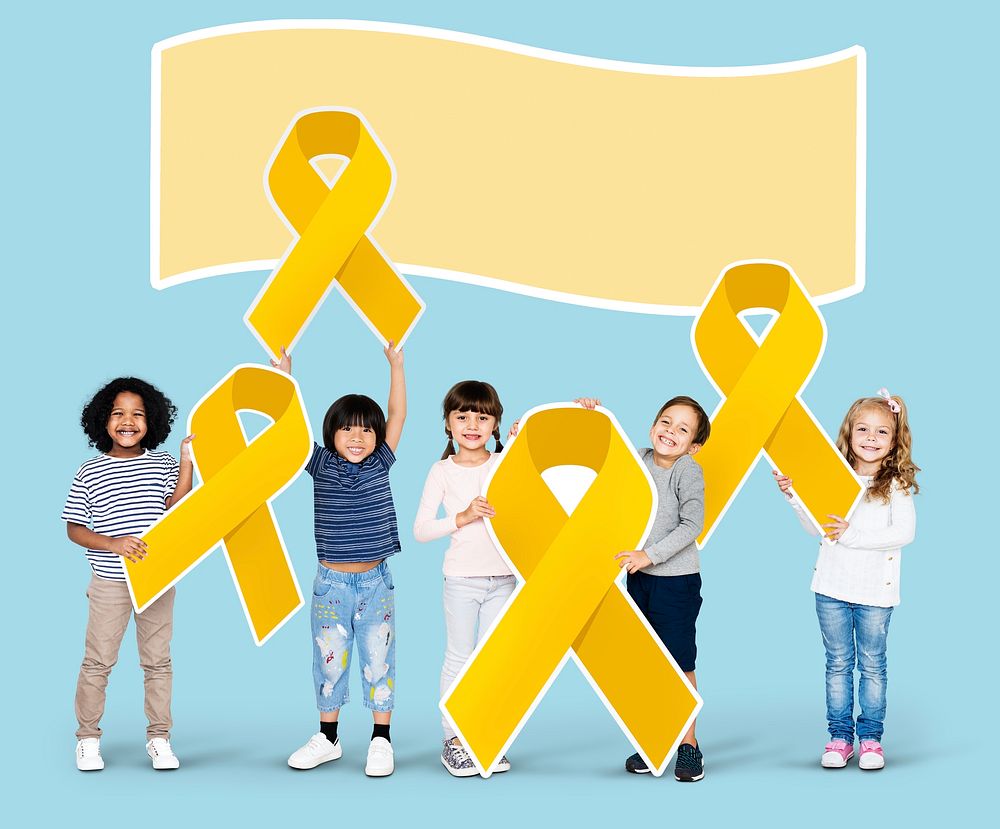 Kids holding golden ribbons supporting childhood cancer awareness