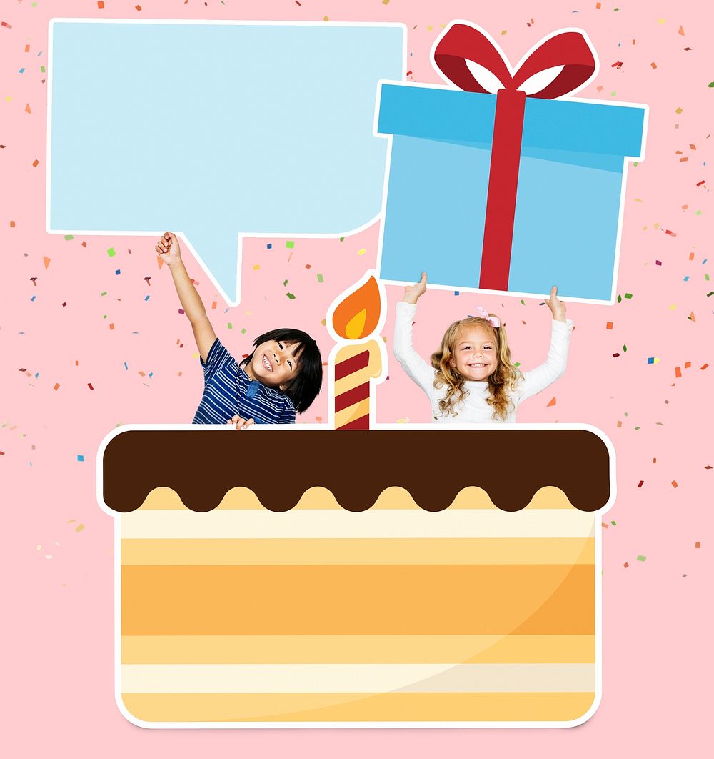 Happy kids celebrating a birthday party with cake