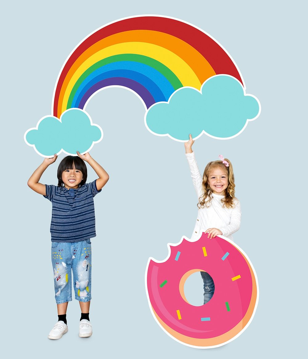 Cheerful kids with a rainbow and a donut icon