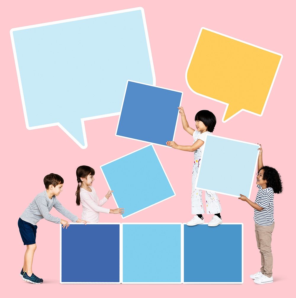 Diverse happy kids stacking empty square boards