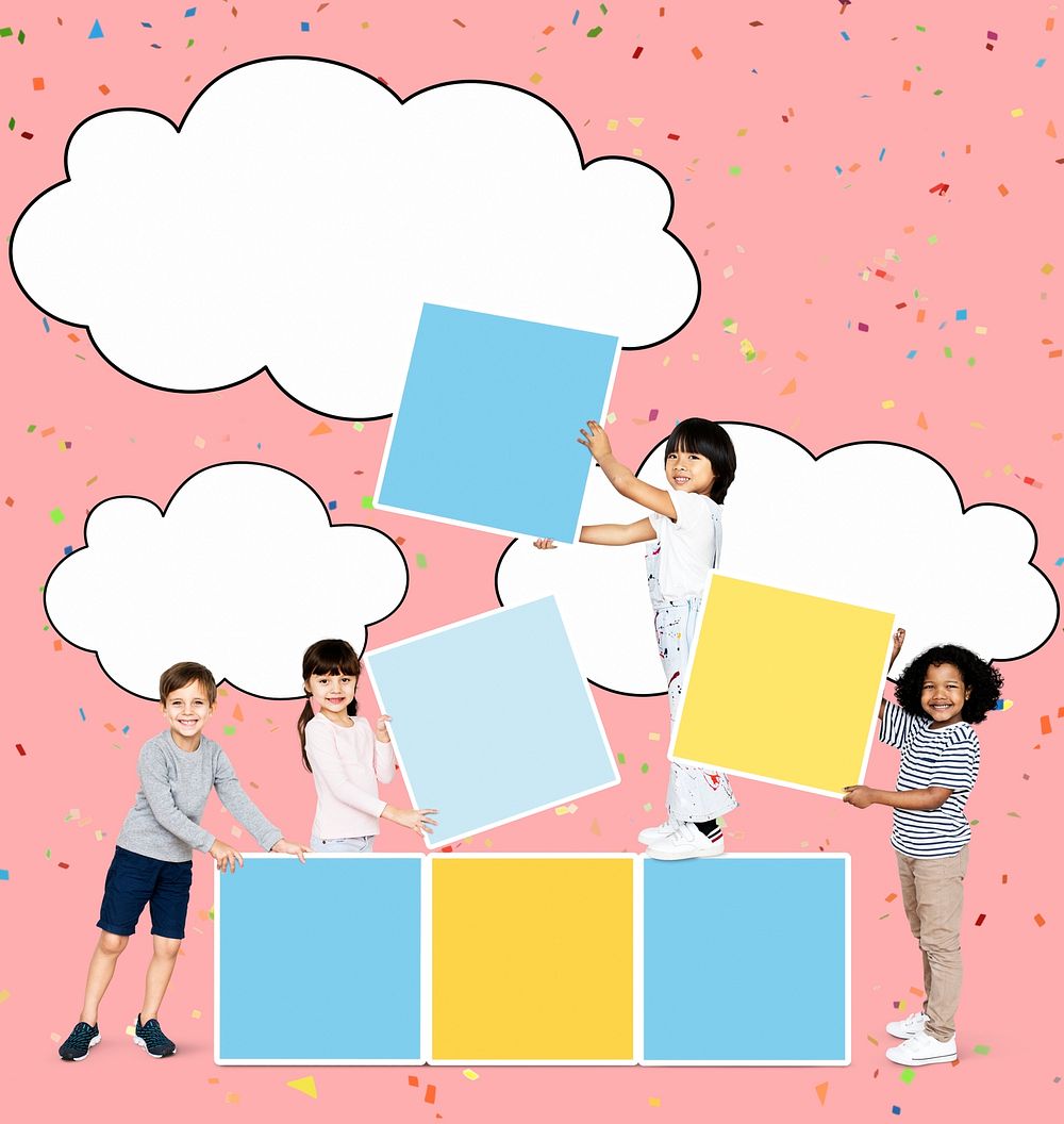 Diverse happy kids stacking empty square boards