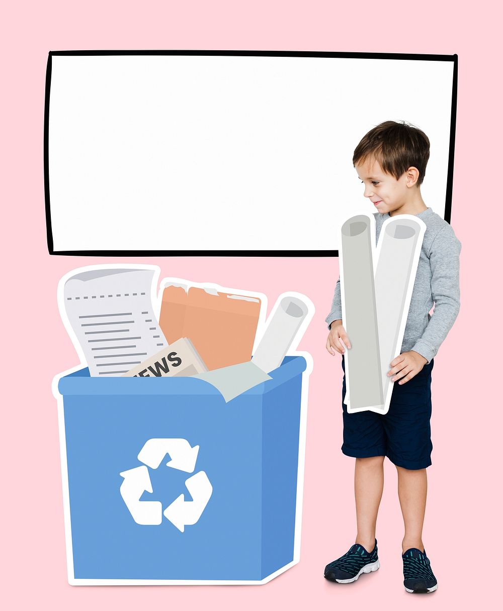 Young boy collecting papers for recycling