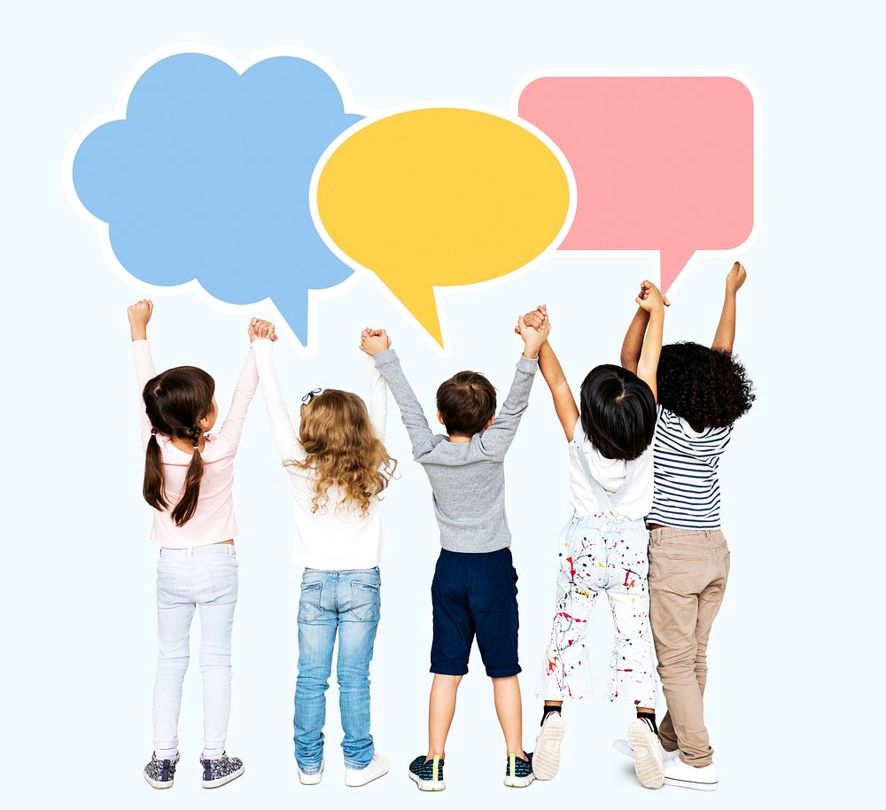 Group of diverse kids with blank speech bubbles