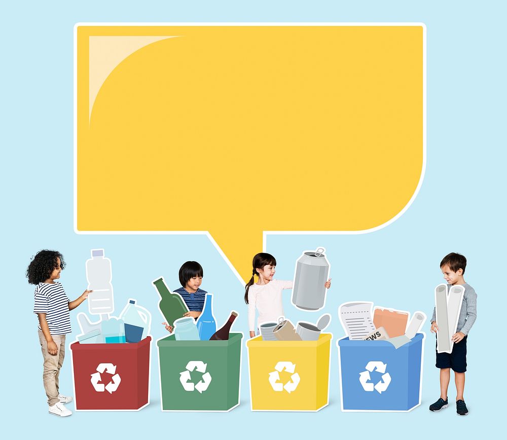 Happy diverse kids recycling waste