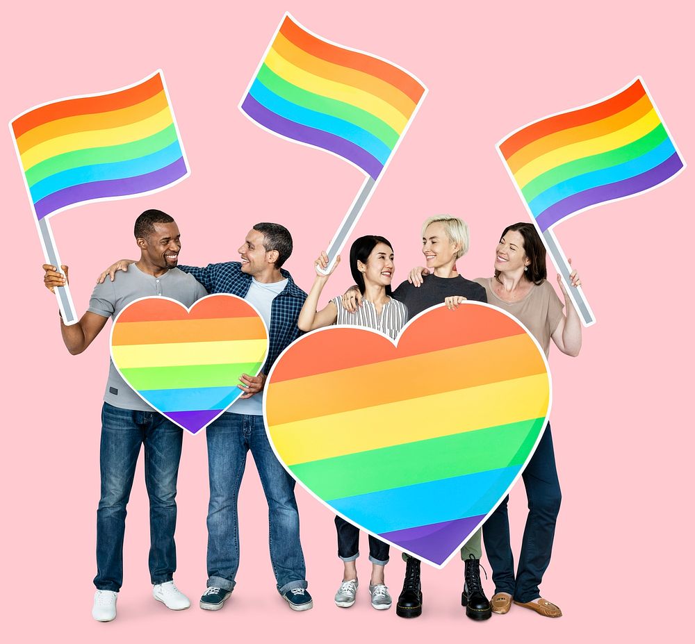 Happy people holding LGBT flags