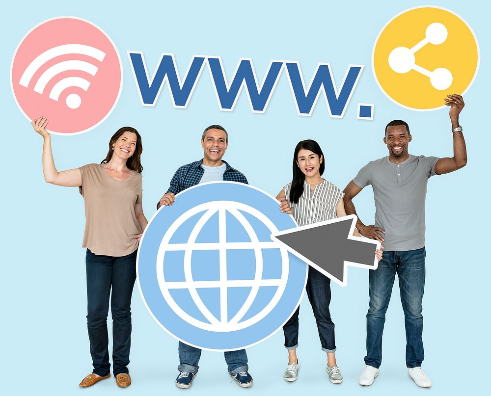 Happy people holding internet icons