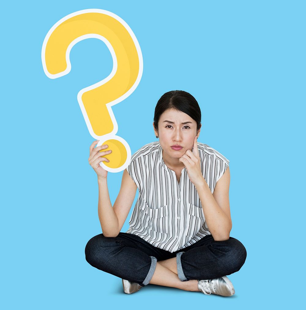 Woman holding a question mark icon