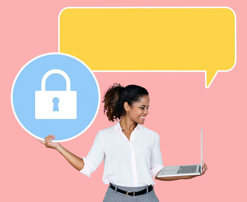 Cheerful woman with a laptop holding a padlock icon