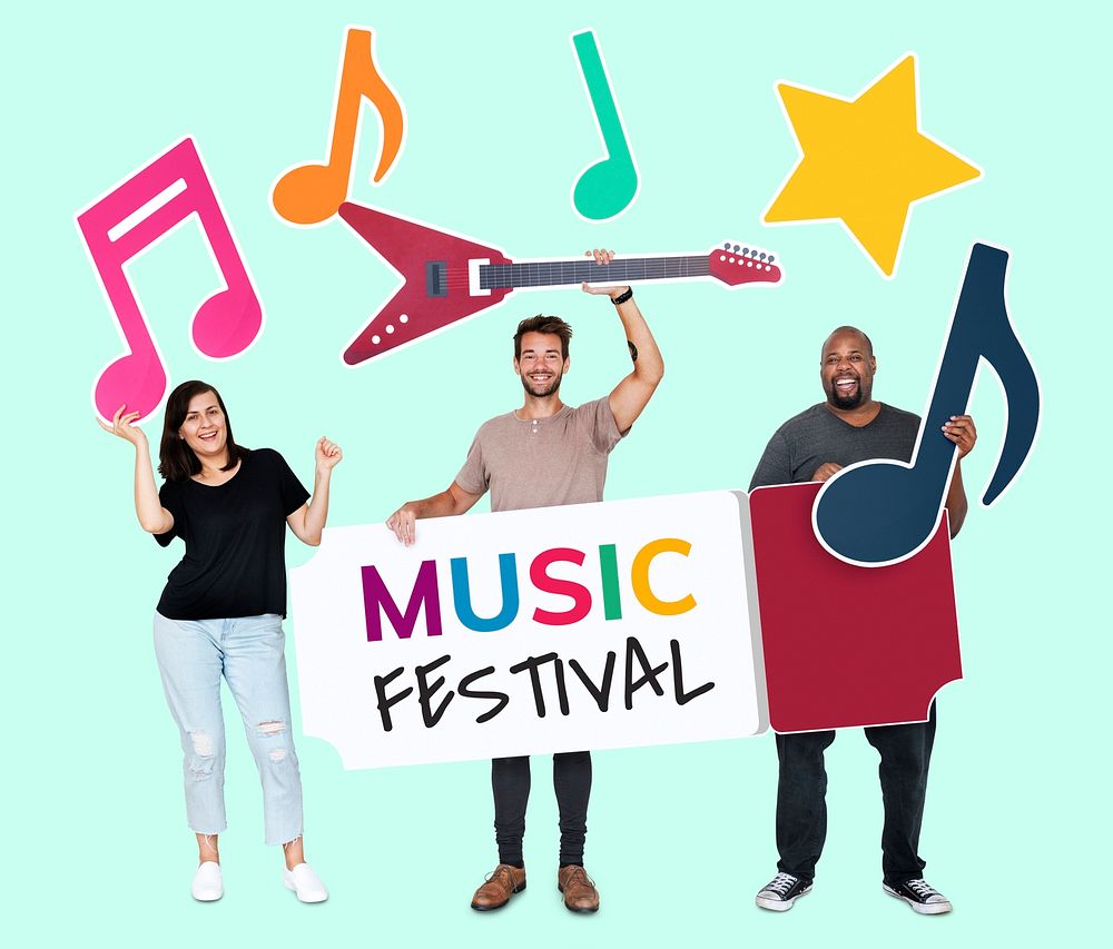 Happy diverse people holding music festival icons