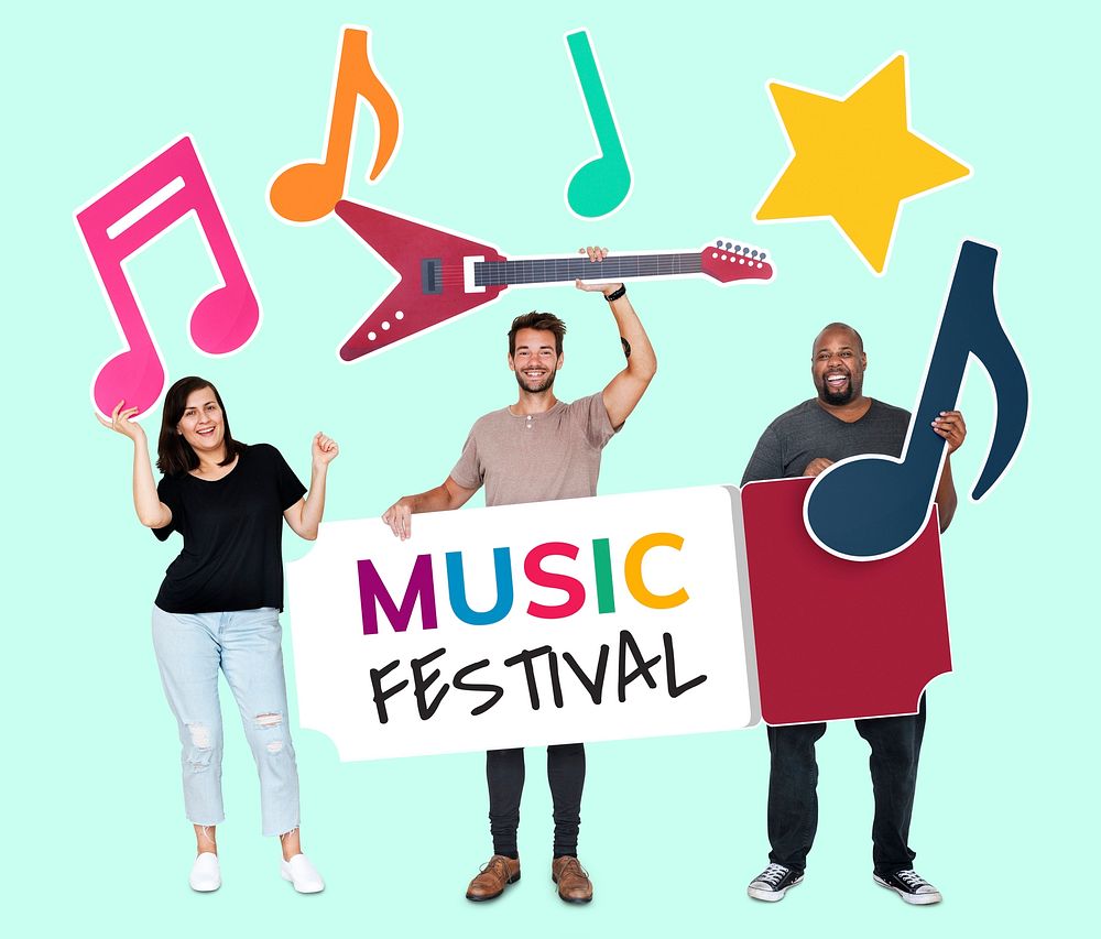 Happy diverse people holding music festival icons