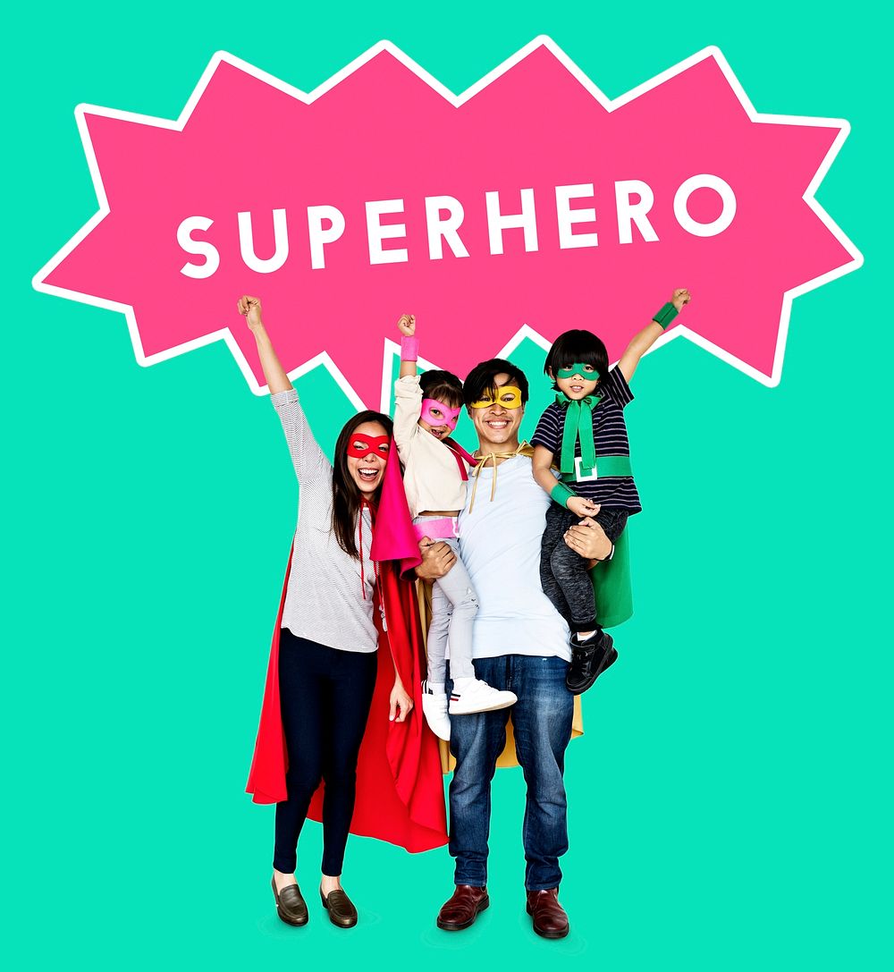 Happy family wearing superhero costumes