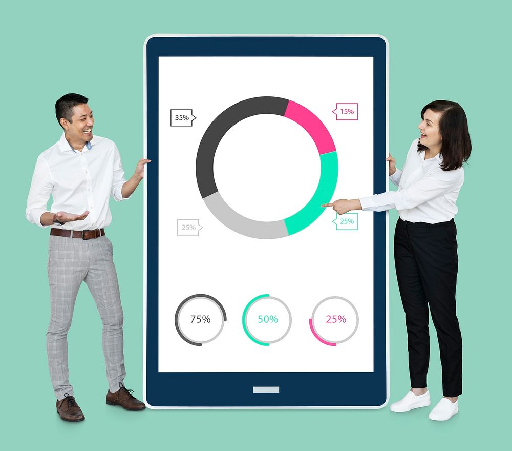 Businesspeople presenting a doughnut chart